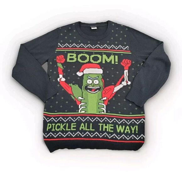 Rick & Morty Women's Sweater Pickle All The Way Black Medium Unisex Adult Swim - Picture 1 of 7